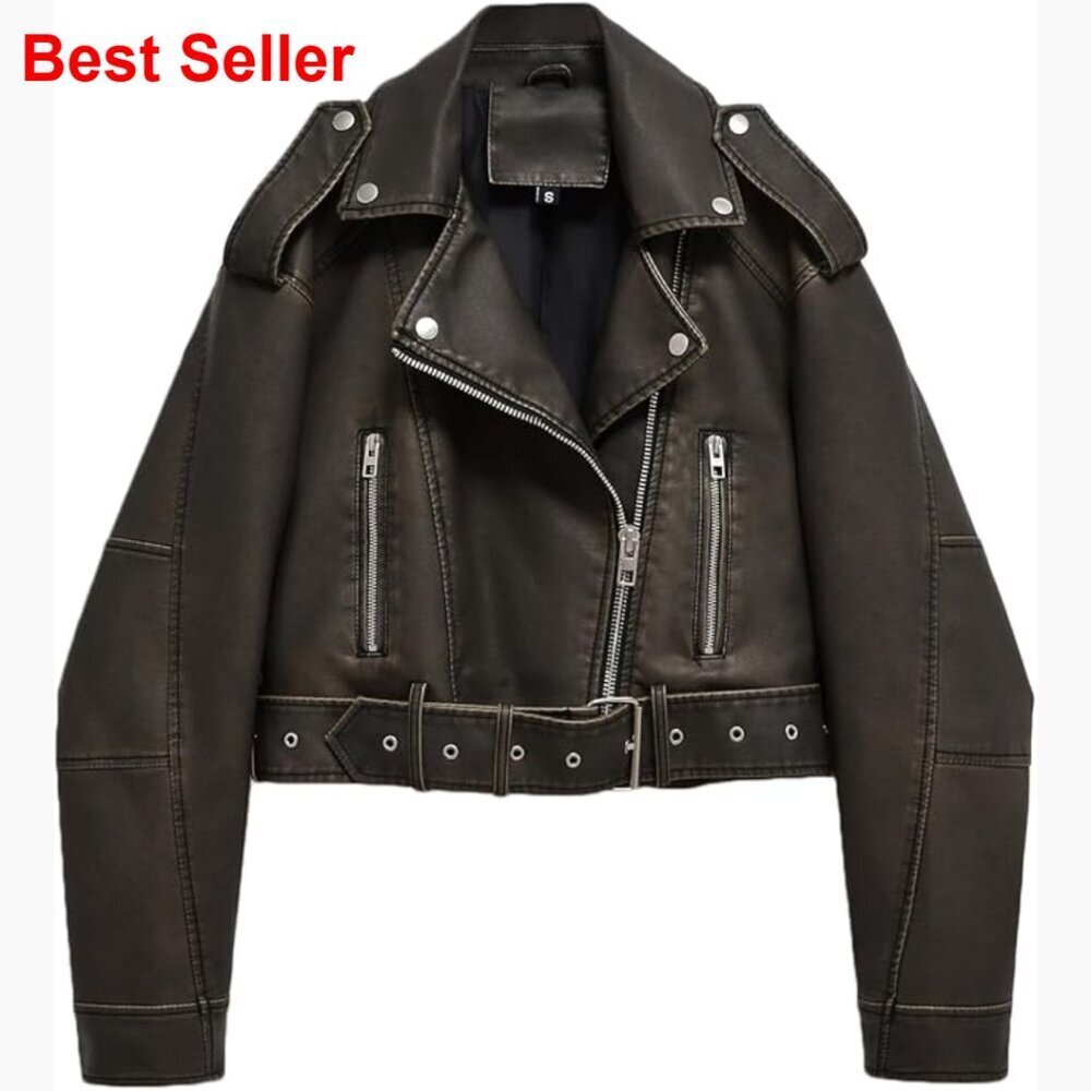 Faux Leather Cropped Biker Jacket with Removable Belt